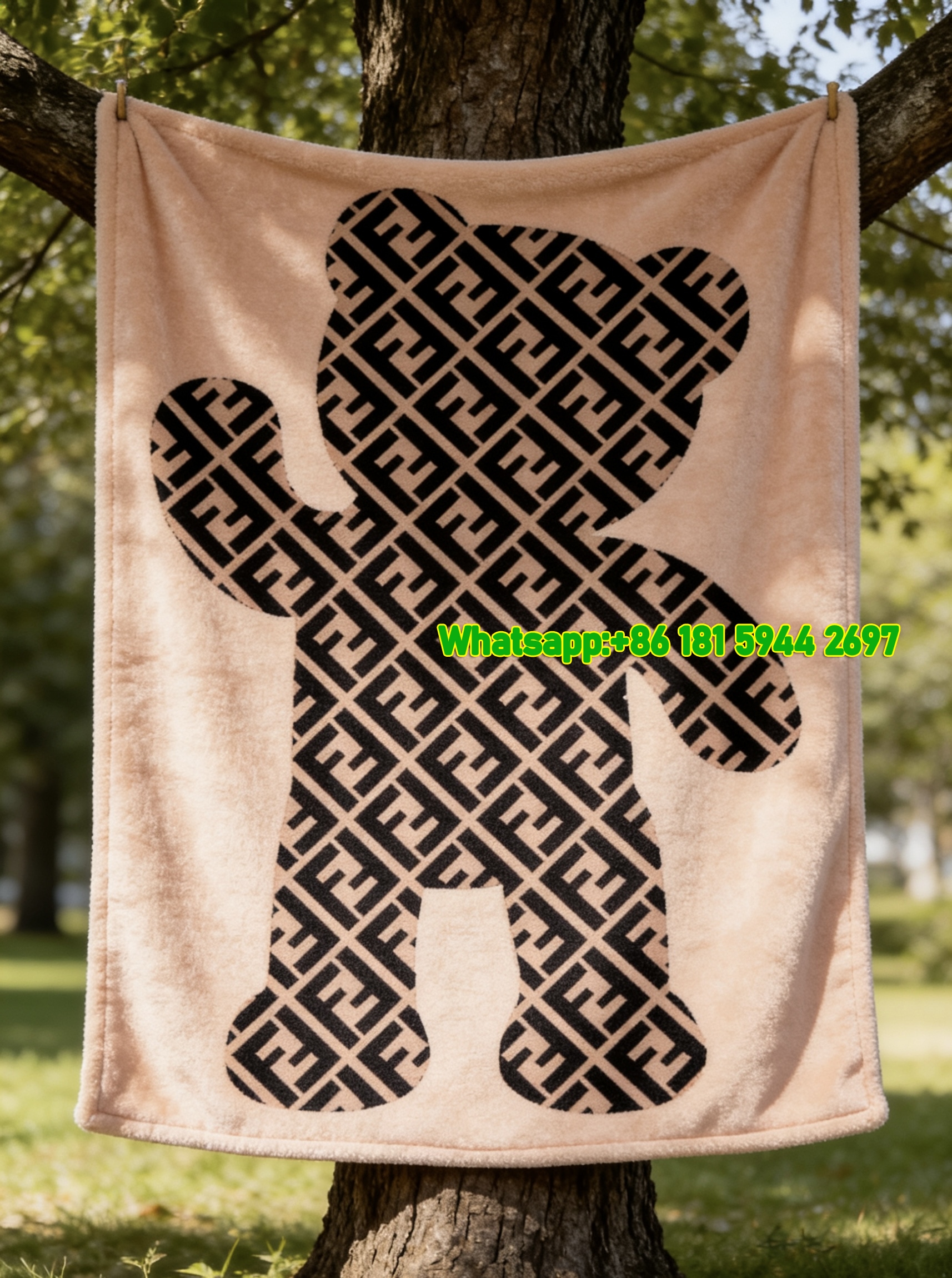 Fendi FF Monogram Teddy Bear Print Flannel Sofa Throw Blanket IMG_9442